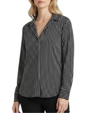 NWT WHITE HOUSE BLACK MARKET Black Striped V-Neck Long Sleeve Blouse Size Large